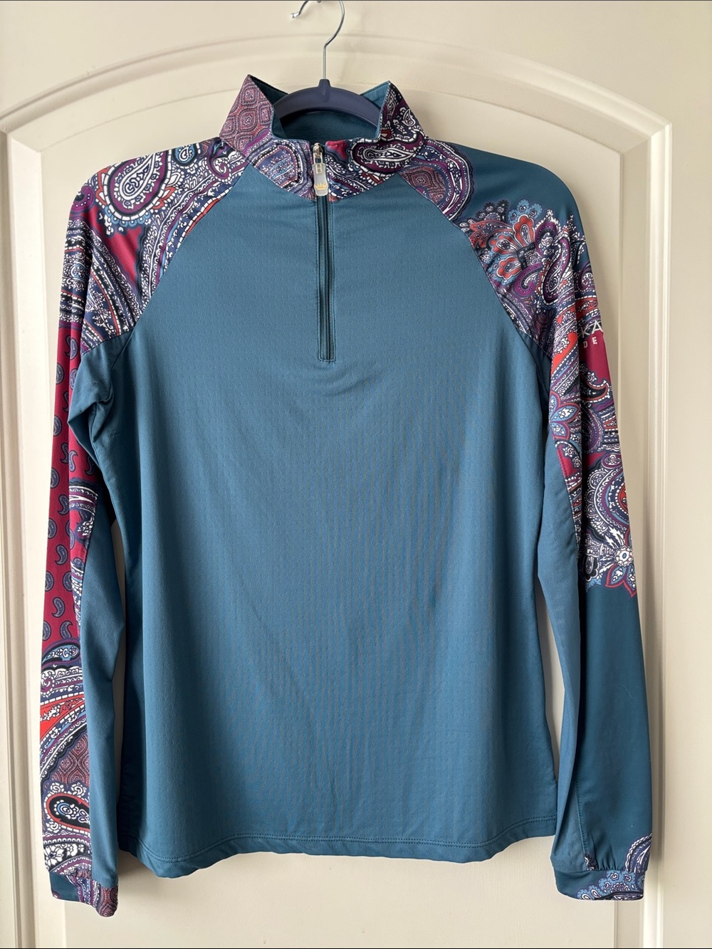 Kastel Denmark Ladies’ Long Sleeve Quarter Zip Sunshirt- Teal/Burgundy Paisley